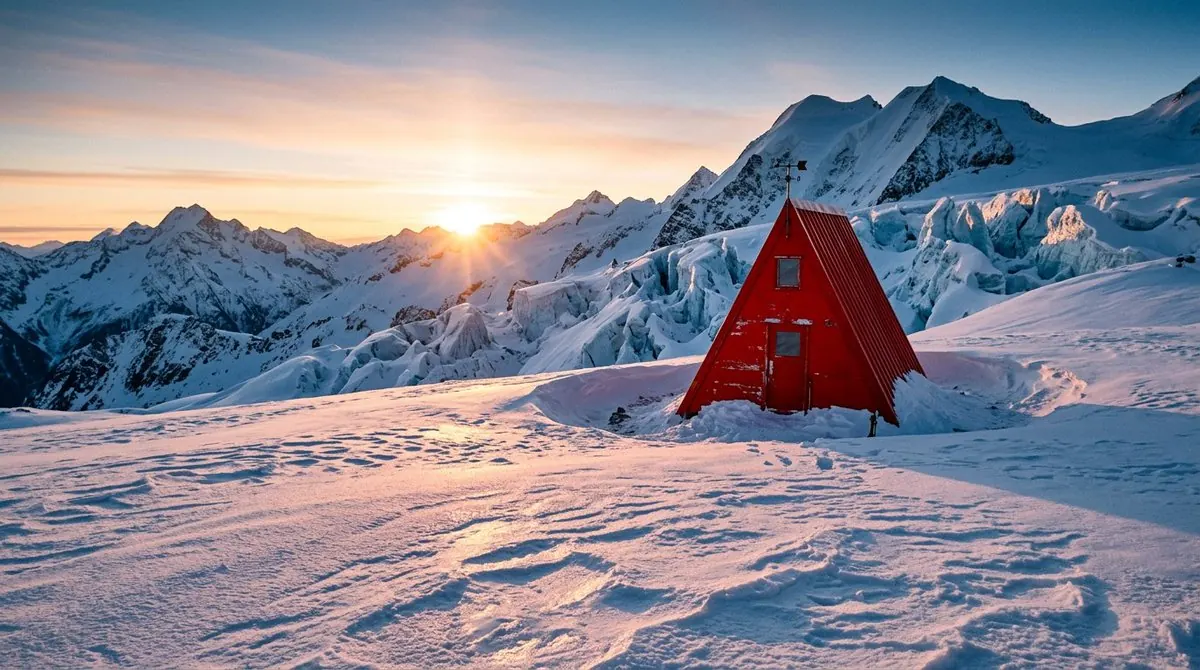 A small red A-frame cabin in snowy alpine mountains at sunrise