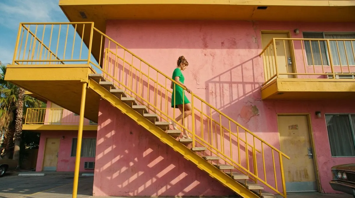 A woman in a green dress on yellow stairs outside a pink building