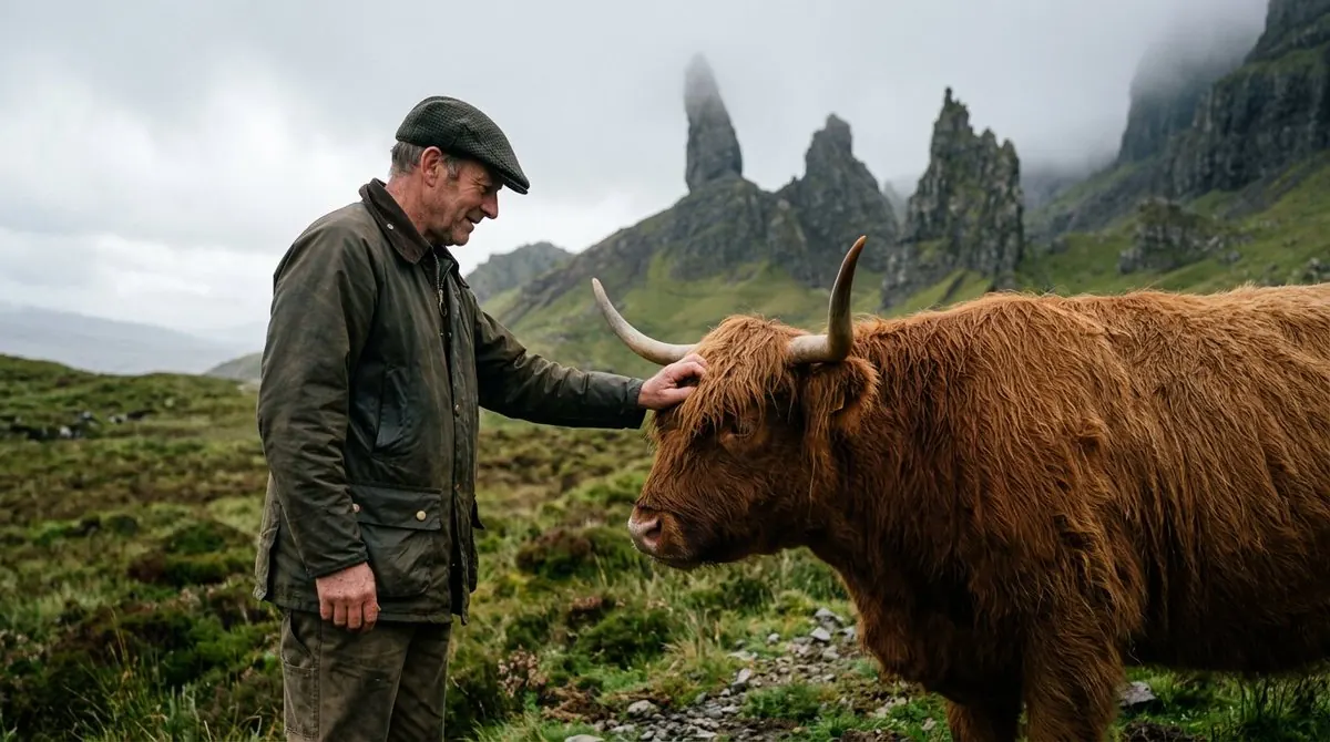 A man touching a Highland cow in a green mountain landscape with mist-covered rock formations