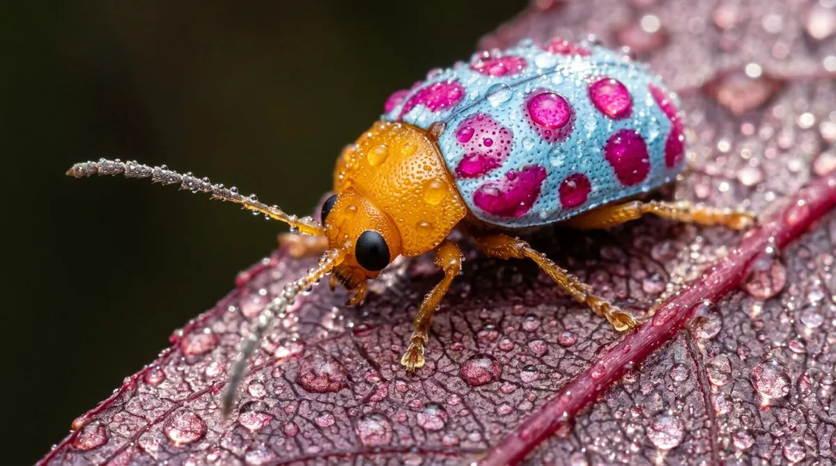 A colorful blue, pink and yellow beetle covered in dew on a wet leaf