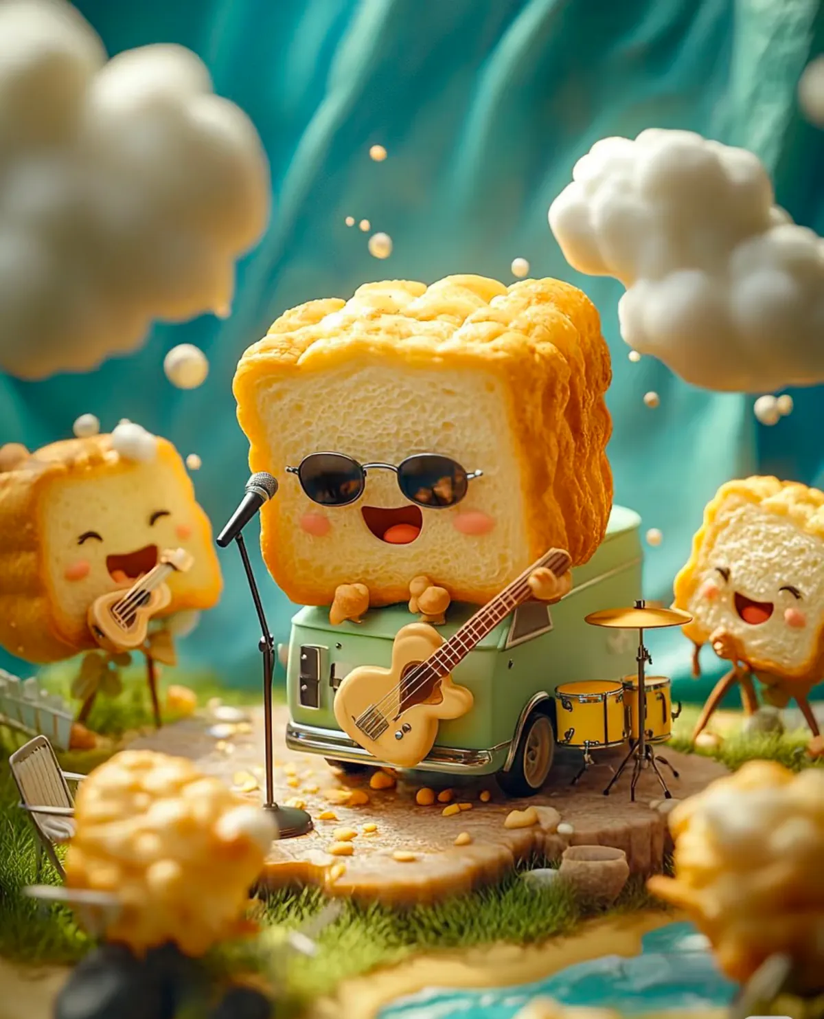 A smiling toast character wearing sunglasses and playing a guitar in a miniature outdoor scene
