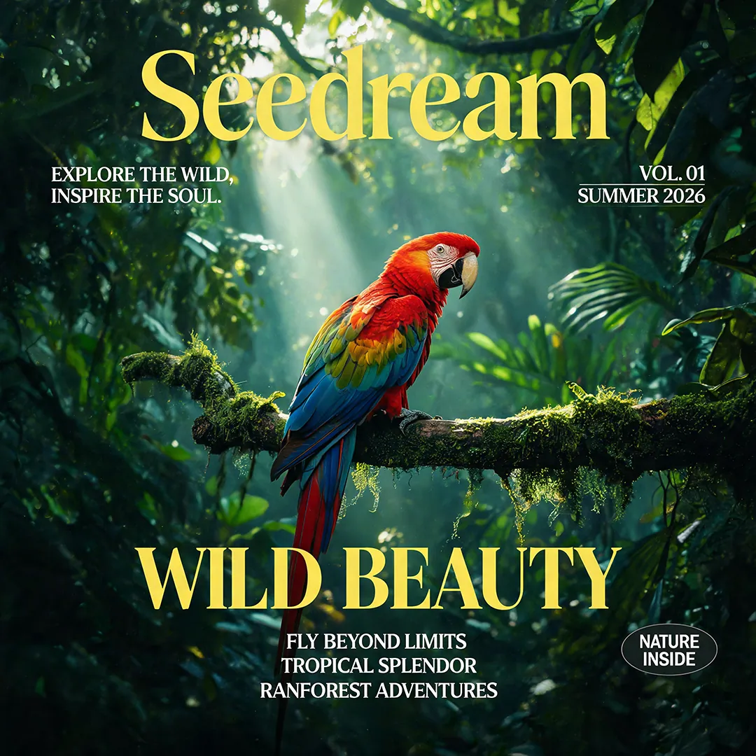A red macaw against lush green foliage on a nature-themed Seedream cover