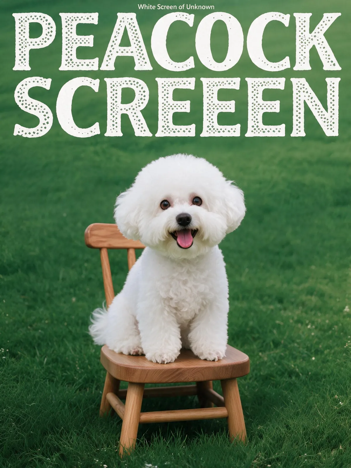 A white fluffy dog on a wooden chair in a green poster with the headline Peacock Screen