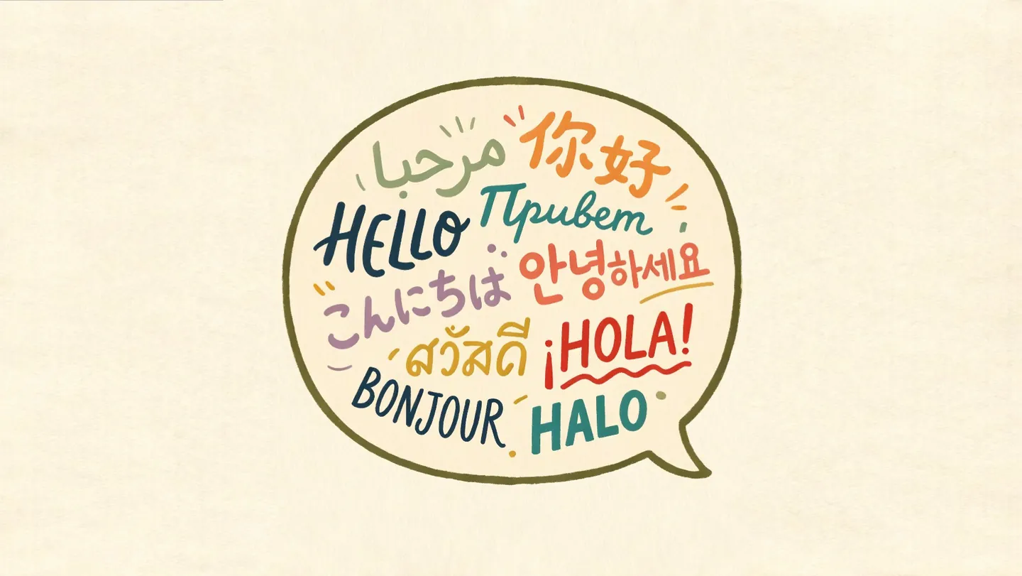 A hand-drawn speech bubble containing colorful greetings in Arabic, Chinese, English, Japanese, Korean and other languages