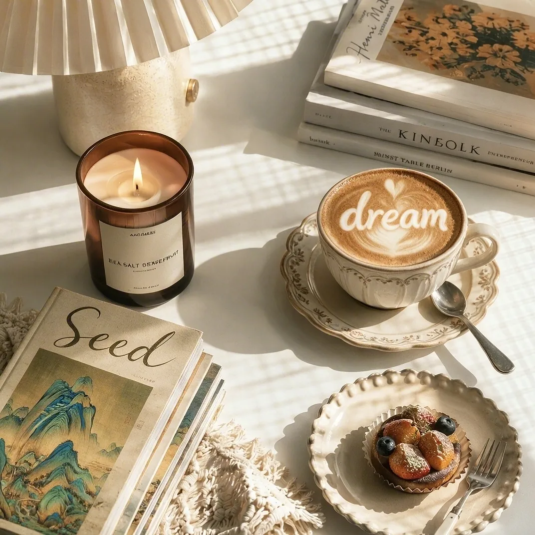 Sunlit tabletop with a candle, art books and a cup of coffee added in the official editing example
