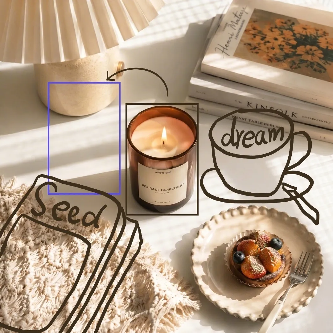 Original sunlit tabletop with drawn outlines marking where books and a coffee cup should be placed