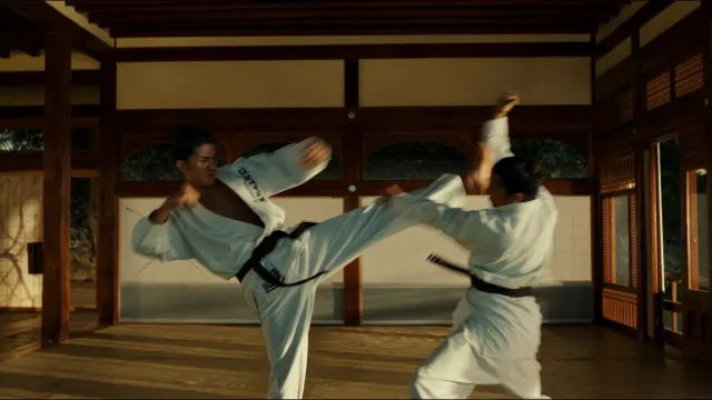 Martial artists in a dojo, used as the first-frame reference