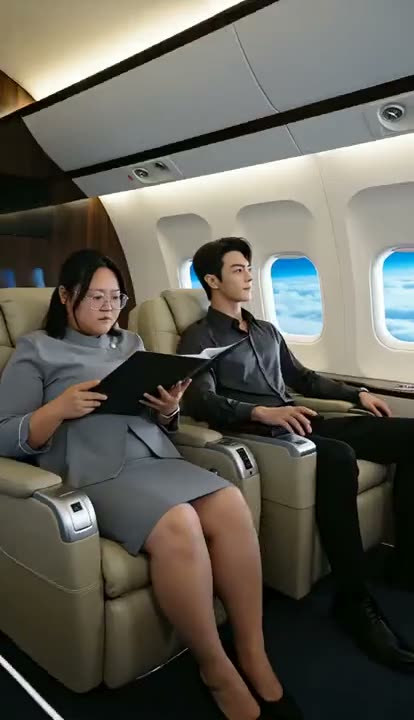 AI-generated video: A tense vertical short drama unfolds between a wealthy executive and his secretary aboard a private jet.