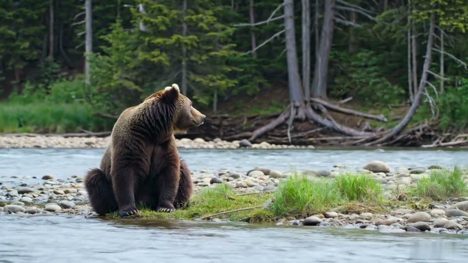 AI-generated video: A realistic brown bear sits beside a quiet river and looks toward the surrounding forest.