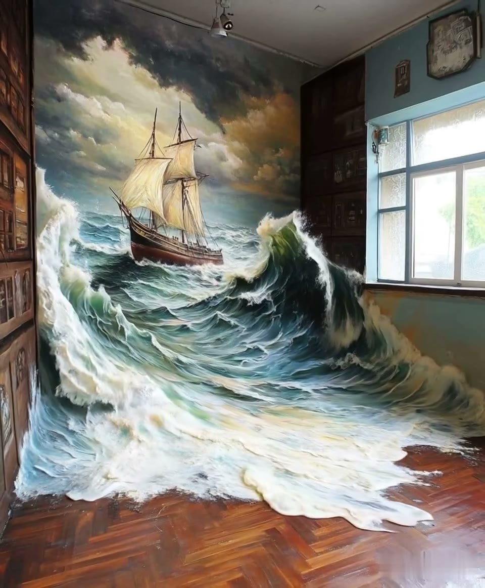 AI-generated video: A stormy ocean mural bursts into a real room as towering waves and a historic ship surge across the floor.